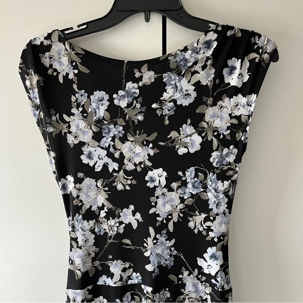 Vintage Floral Ruched Midi Dress Black Blue White Cap Sleeve 90s Cottagecore SM - Picture 6 of 9